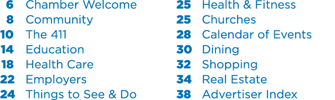  6 Chamber Welcome 8 Community 10 The 411 14 Education 18 Health Care 22 Employers 24 Things to See & Do 25 Health & ...