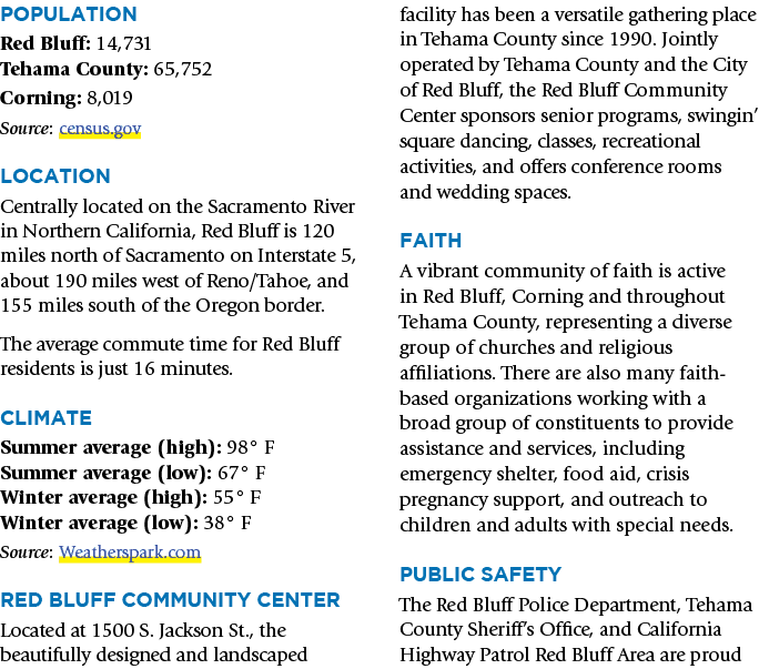 Population Red Bluff: 14,731 Tehama County: 65,752 Corning: 8,019 Source: census.gov Location Centrally located on th...