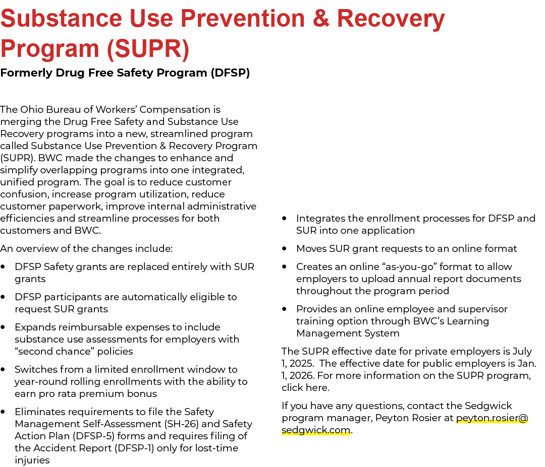 Substance Use Prevention & Recovery Program (SUPR) Formerly Drug Free Safety Program (DFSP) The Ohio Bureau of Worker...