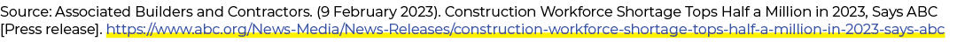 Source: Associated Builders and Contractors. (9 February 2023). Construction Workforce Shortage Tops Half a Million i...
