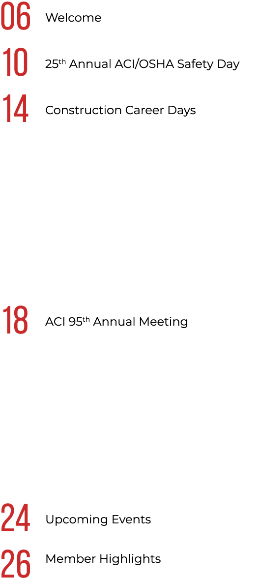 06 Welcome 10 25th Annual ACI/OSHA Safety Day 14 Construction Career Days 18 ACI 95th Annual Meeting 24 ﻿Upcoming Eve...