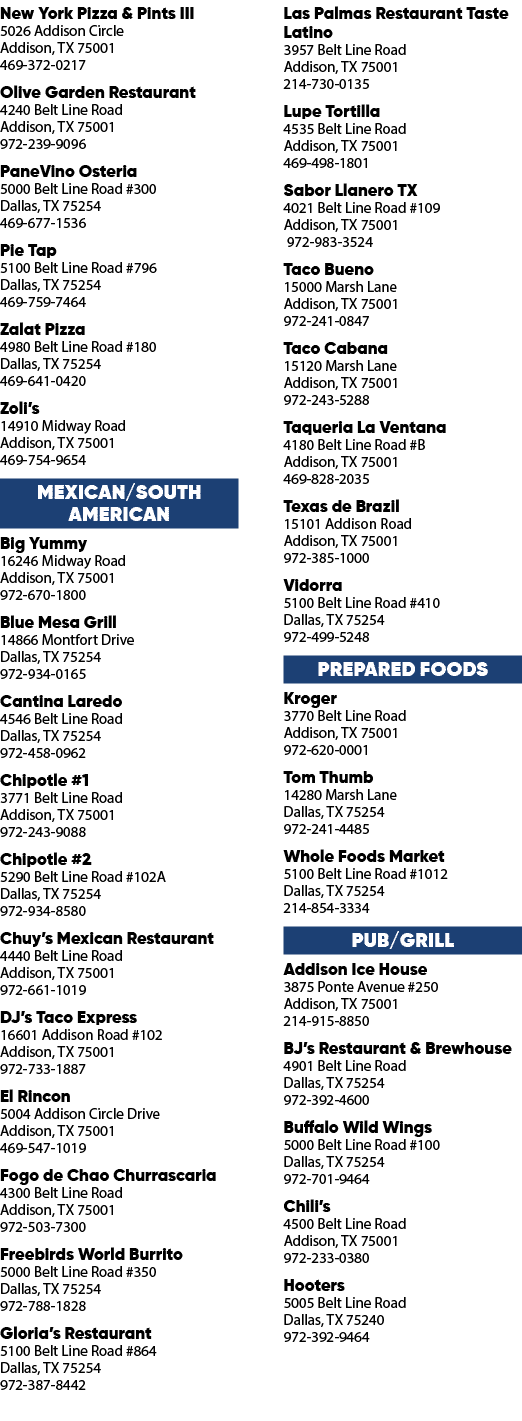 New York Pizza & Pints III 5026 Addison Circle Addison, TX 75001 469 372 0217 Olive Garden Restaurant 4240 Belt Line ...