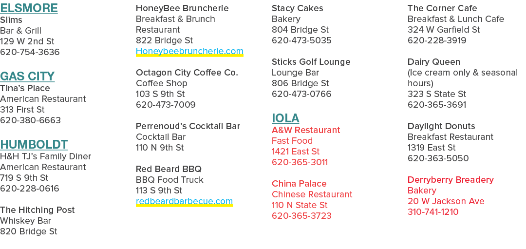Elsmore Slims Bar & Grill 129 W 2nd St 620 754 3636 Gas City Tina’s Place American Restaurant 313 First St 620 380 66...