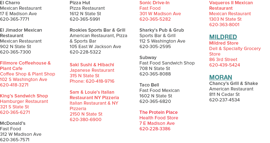 El Charro Mexican Restaurant 17 E Madison Ave 620 365 7771 El Jimador Mexican Restaurant Mexican Restaurant 902 N Sta...