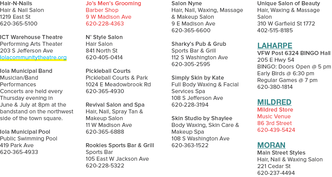 Hair N Nails Hair & Nail Salon 1219 East St 620 365 5100 ICT Warehouse Theatre Performing Arts Theater 203 S Jefferso...