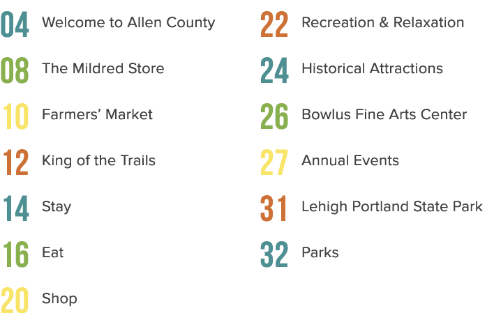 04 Welcome to Allen County 08 The Mildred Store 10 Farmers’ Market 12 King of the Trails 14 Stay 16 Eat 20 Shop 22 Re...
