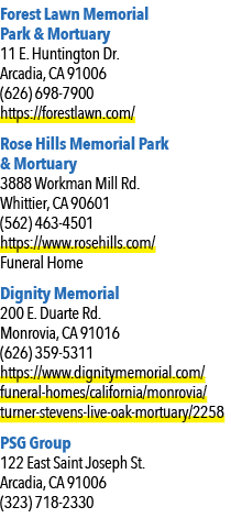 Forest Lawn Memorial Park & Mortuary 11 E. Huntington Dr. Arcadia, CA 91006 (626) 698 7900 https://forestlawn.com/ Ro...