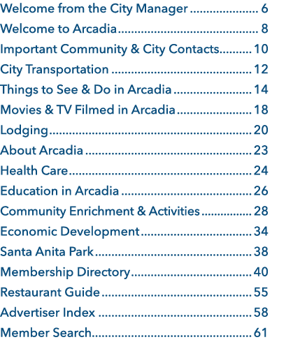 Welcome from the City Manager 6 Welcome to Arcadia 8 Important Community & City Contacts 10 City Transportation 12 Th...