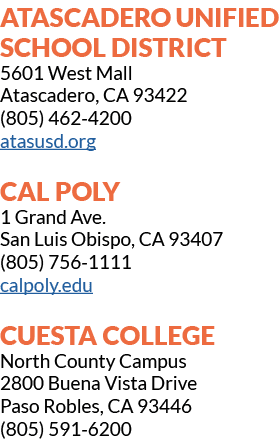 Atascadero Unified School District 5601 West Mall Atascadero, CA 93422 (805) 462 4200 atasusd.org Cal Poly 1 Grand Av...