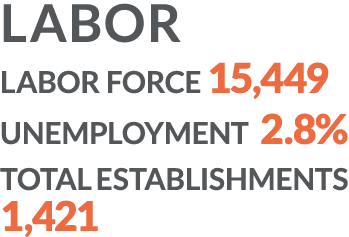 LABOR LABOR FORCE 15,449 UNEMPLOYMENT 2.8% TOTAL ESTABLISHMENTS 1,421