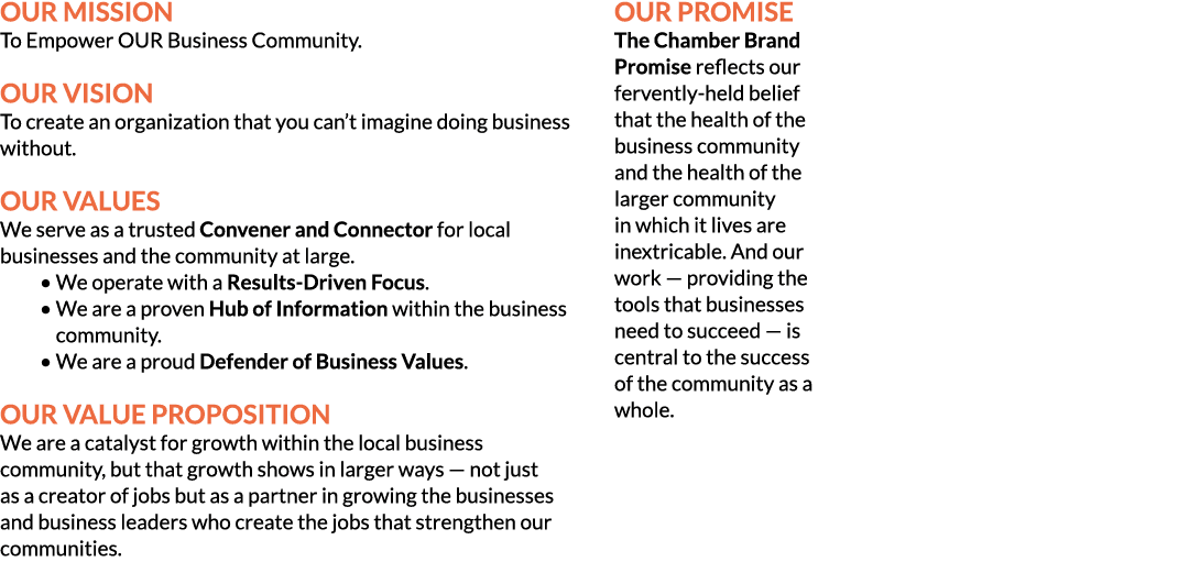 Our Mission To Empower OUR Business Community. Our Vision To create an organization that you can’t imagine doing busi...