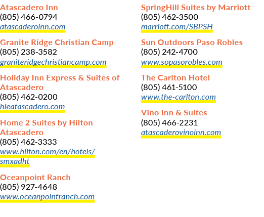 Atascadero Inn (805) 466 0794 atascaderoinn.com Granite Ridge Christian Camp (805) 238 3582 graniteridgechristiancamp...
