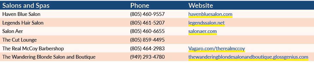 Salons and Spas,Phone,Website,Haven Blue Salon,(805) 460 9557,havenbluesalon.com,Legends Hair Salon,(805) 461 5207,le...