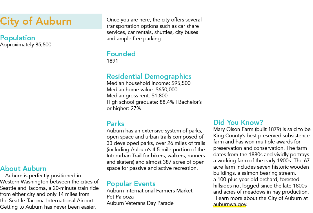 City of Auburn Population Approximately 85,500 About Auburn Auburn is perfectly positioned in Western Washington betw...