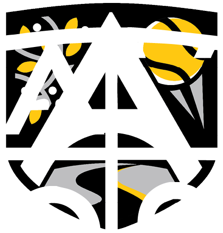 A black and white logo of a letter A with a road and a tennis ball. Description generated by AI