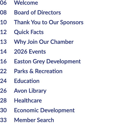 06 Welcome 08 Board of Directors 10 Thank You to Our Sponsors 12 Quick Facts 13 Why Join Our Chamber 14 2026 Events 1...