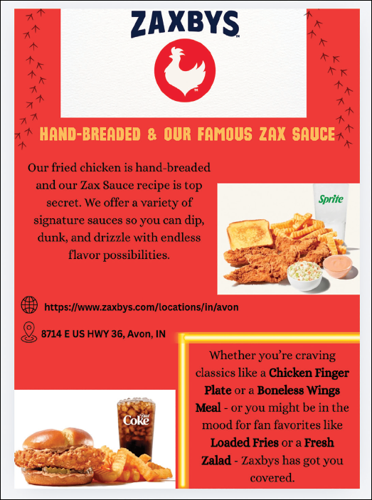 A flyer for Zaxby's featuring a chicken sandwich and fries. Description generated by AI