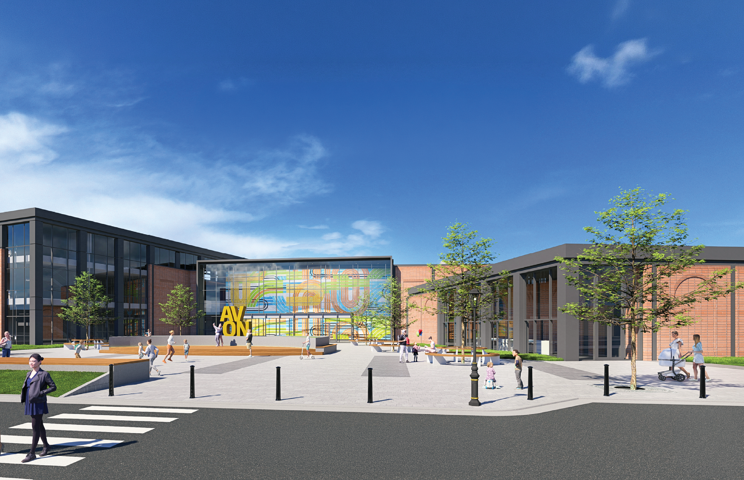 A large building with a yellow and green mural on the side. Description generated by AI