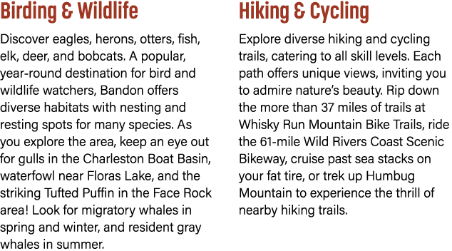 Birding & Wildlife Discover eagles, herons, otters, fish, elk, deer, and bobcats. A popular, year round destination f...
