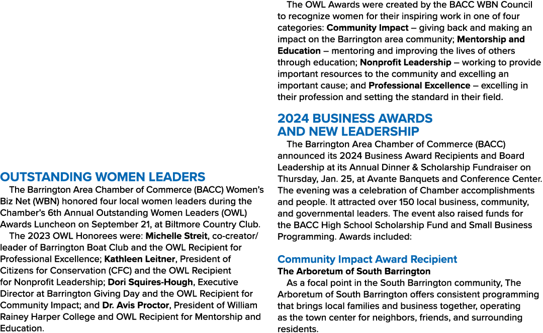 OUTSTANDING WOMEN LEADERS The Barrington Area Chamber of Commerce (BACC) Women’s Biz Net (WBN) honored four local wom...