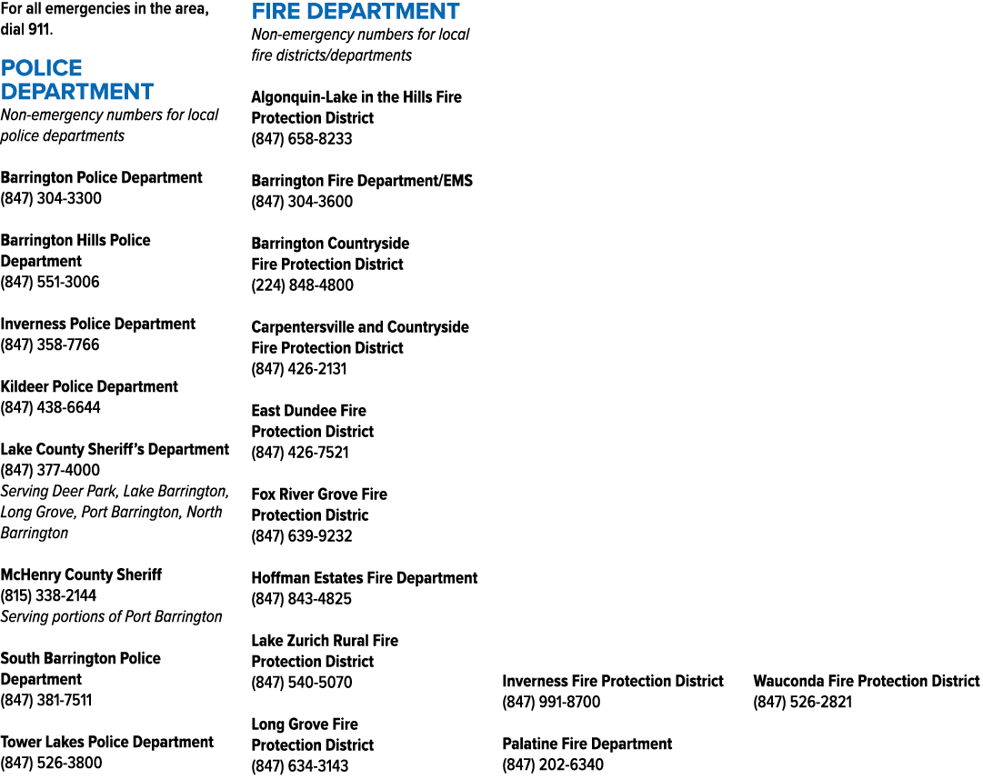 For all emergencies in the area, dial 911. POLICE DEPARTMENT Non emergency numbers for local police departments Barri...