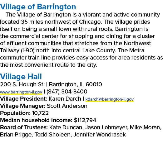 Village of Barrington The Village of Barrington is a vibrant and active community located 35 miles northwest of Chica...