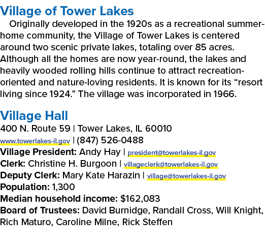Village of Tower Lakes Originally developed in the 1920s as a recreational summer home community, the Village of Towe...
