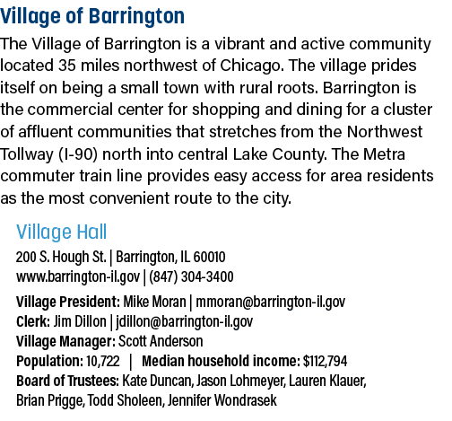 Village of Barrington The Village of Barrington is a vibrant and active community located 35 miles northwest of Chica...