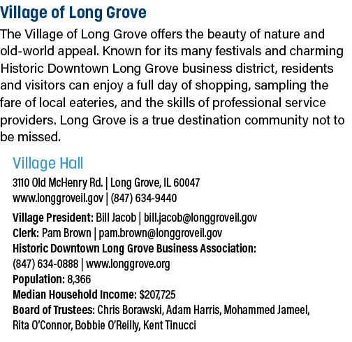 Village of Long Grove The Village of Long Grove offers the beauty of nature and old world appeal. Known for its many ...