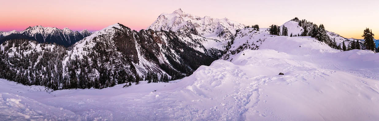 Sunset colors blanket Mt. Shuksan as seen from artist point in early winter