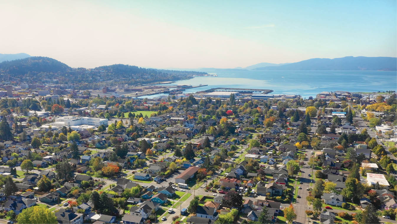 Over Broadway Park aerial of Bellingham, WWU, and Bay in the fall. Mavic 2 Pro.
