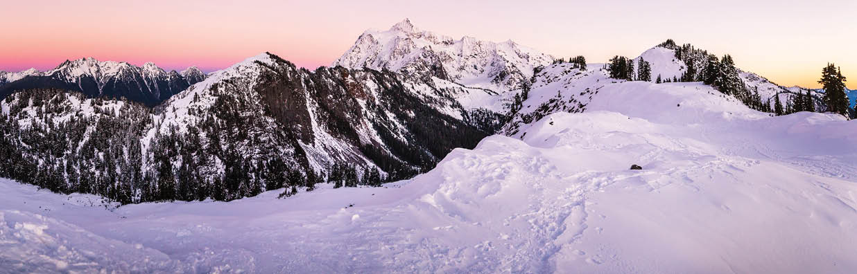 Sunset colors blanket Mt. Shuksan as seen from artist point in early winter