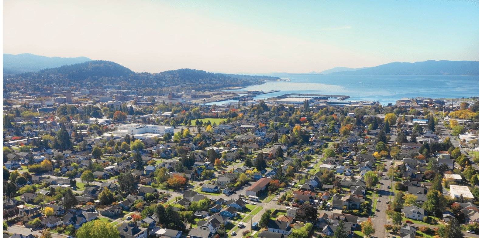 Over Broadway Park aerial of Bellingham, WWU, and Bay in the fall. Mavic 2 Pro.