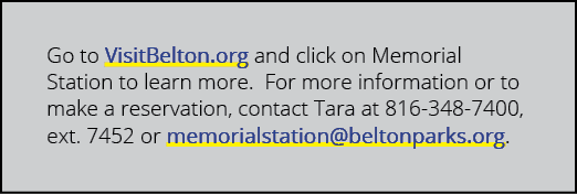 Go to VisitBelton.org and click on Memorial Station to learn more. For more information or to make a reservation, con...
