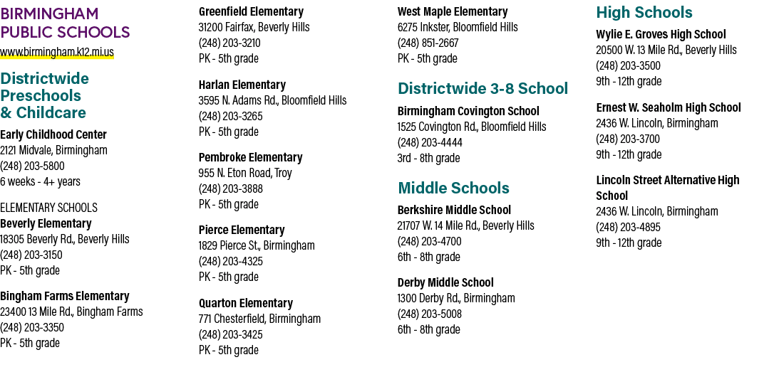 Birmingham Public Schools www.birmingham.k12.mi.us Districtwide Preschools & Childcare Early Childhood Center 2121 Mi...