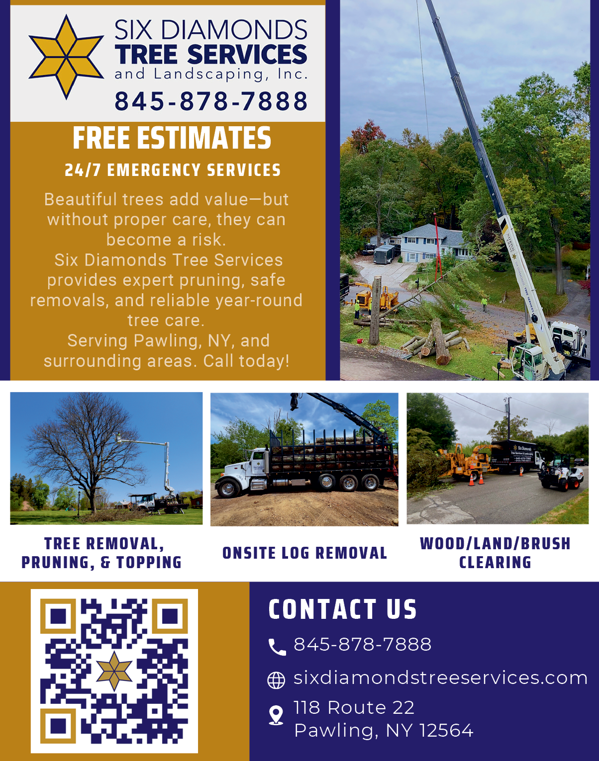 A flyer for Six Diamonds Tree Services advertises their services, including tree removal, pruning, and woodland and brush clearing. The flyer also includes a picture of a truck and a crane, which are used in their services. The company offers free estimates and can be reached at 845-786-2337. AI generated content