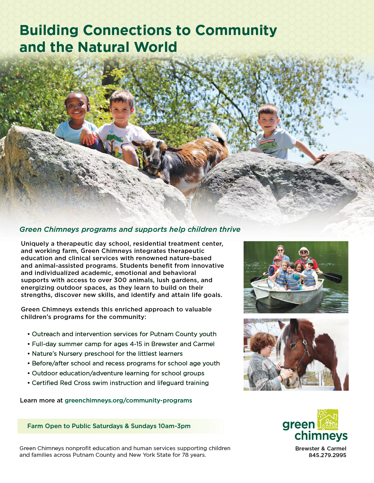A flyer for Green Chimneys programs, which includes a photo of children playing with animals. AI generated content