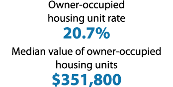 Owner occupied housing unit rate 20.7% Median value of owner occupied housing units $351,800