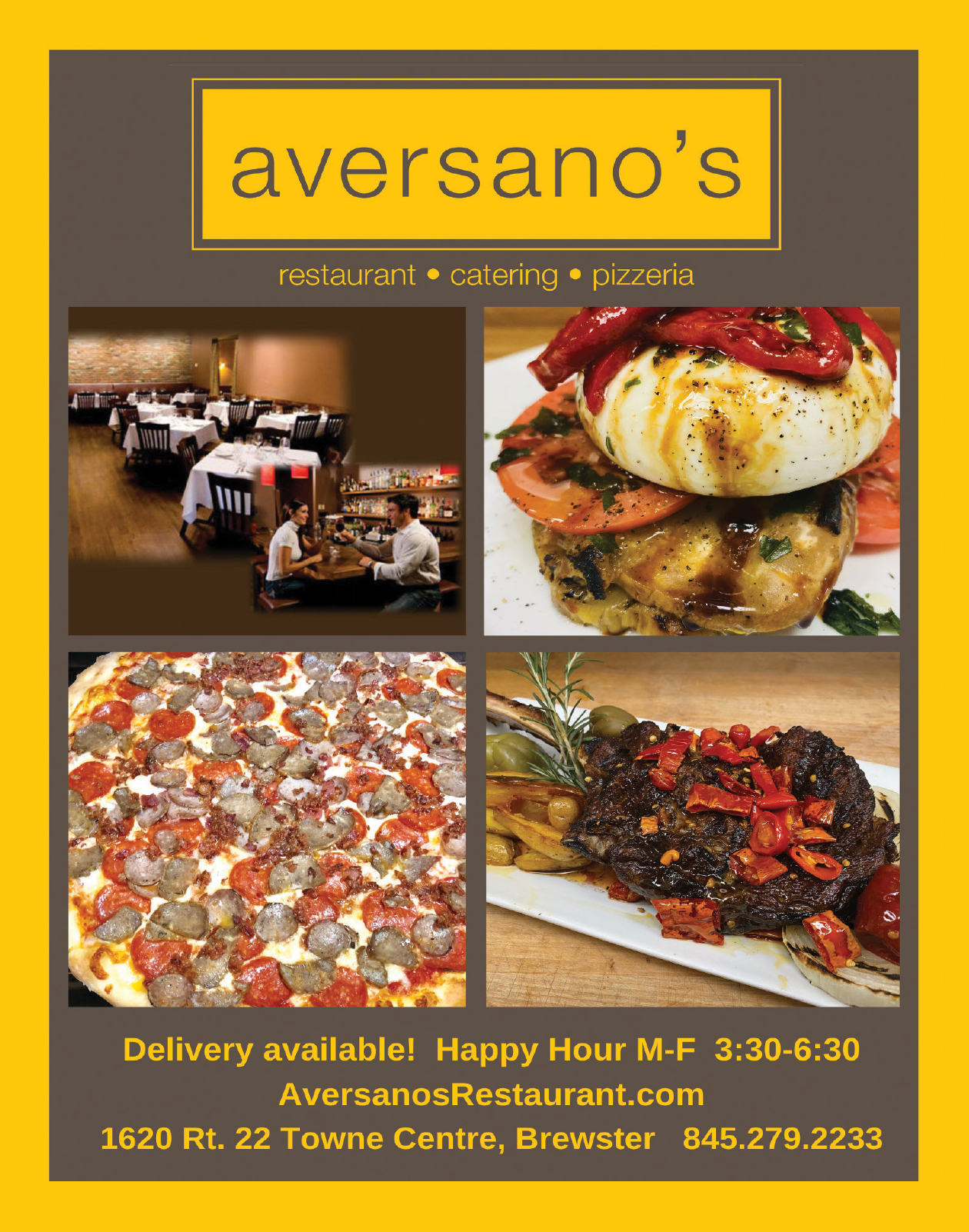 A flyer advertises a restaurant with a pizza, meat, and vegetable dishes. AI generated content