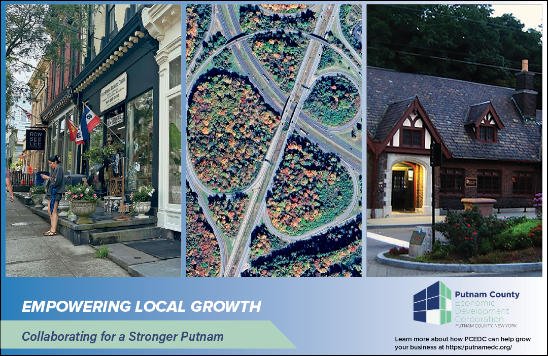 A brochure for Putnam County, New York, shows a picture of a town with a highway, a building, and a person walking. AI generated content