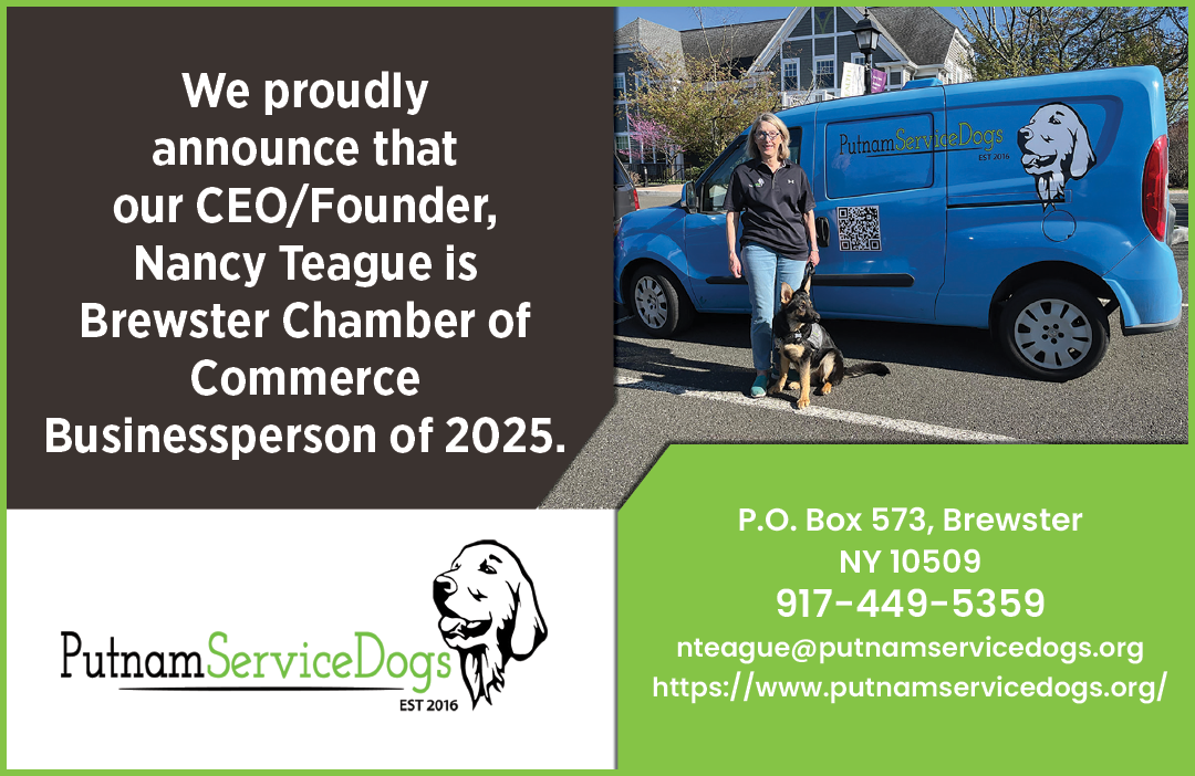 A woman is standing next to a blue van with a dog in the back. The van is a Brewster Chamber of Commerce vehicle. AI generated content