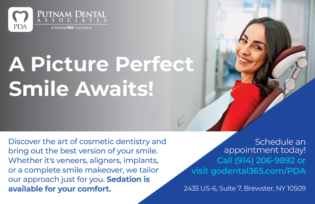 A woman is smiling in a dental office ad. AI generated content