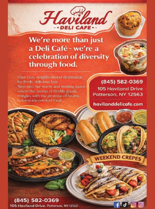 A flyer advertises a restaurant called Haviland Delic Cafe. The flyer features a variety of food items, including sandwiches, pizza, and cakes. The restaurant is located at 100 Haviland Drive in Patterson, New York. AI generated content
