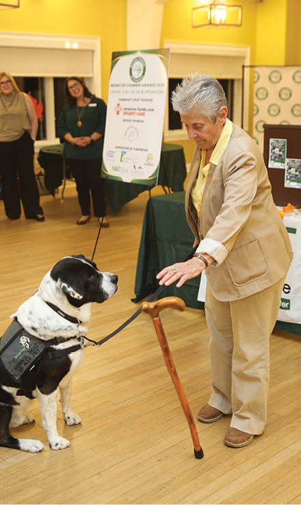 A woman in a tan suit is petting a black and white dog. AI generated content