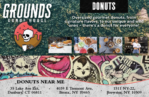 A flyer for Grounds Donut House features a variety of donuts and a map of their location. AI generated content