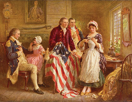 A group of people, including a man and a woman, are gathered around a flag. The woman is holding the flag, while the man is holding a knife. The scene appears to be a historical reenactment or a patriotic celebration. AI generated content