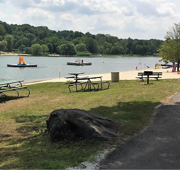A park with a picnic area, benches, and a lake. AI generated content
