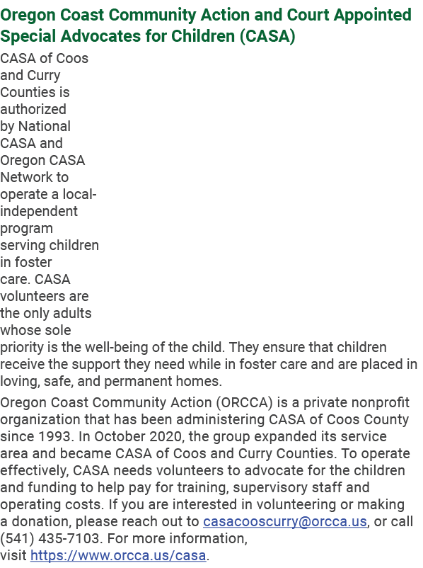 Oregon Coast Community Action and Court Appointed Special Advocates for Children (CASA) CASA of Coos and Curry Counti...