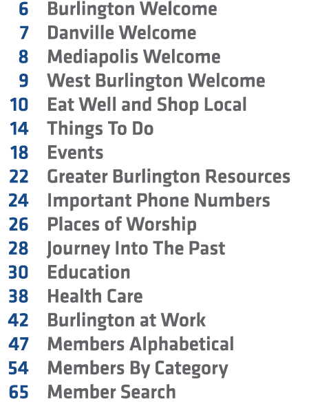  6 Burlington Welcome 7 Danville Welcome 8 Mediapolis Welcome 9 West Burlington Welcome 10 Eat Well and Shop Local 14...