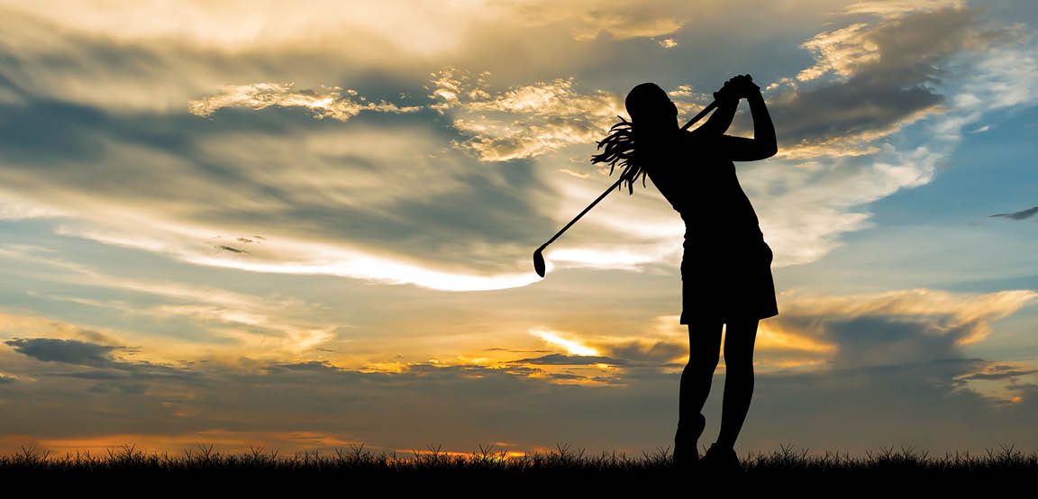 silhouette golfer playing golf during beautiful sunset